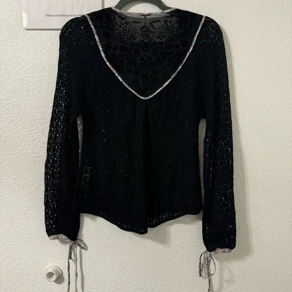 Free People Womens Crochet Top XS Black Contrasting Trim Babydoll Whimsigoth - Picture 3 of 5